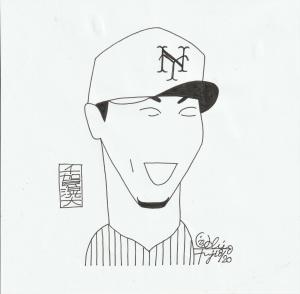 このイラストは似顔絵イラストレーター内藤勲が描いた千賀滉大投手の似顔絵です。
