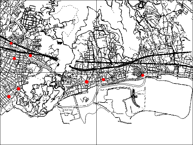 三谷・大塚地区の各基準点の位置を示した地図