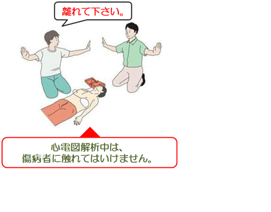 心電図の解析が始まったら離れてください。心電図の解析中は、傷病者に触れてはいけません。