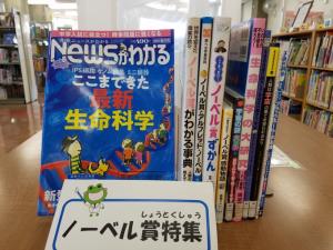 この写真は児童室のミニ特集「ノーベル賞」関連本コーナーの様子です。