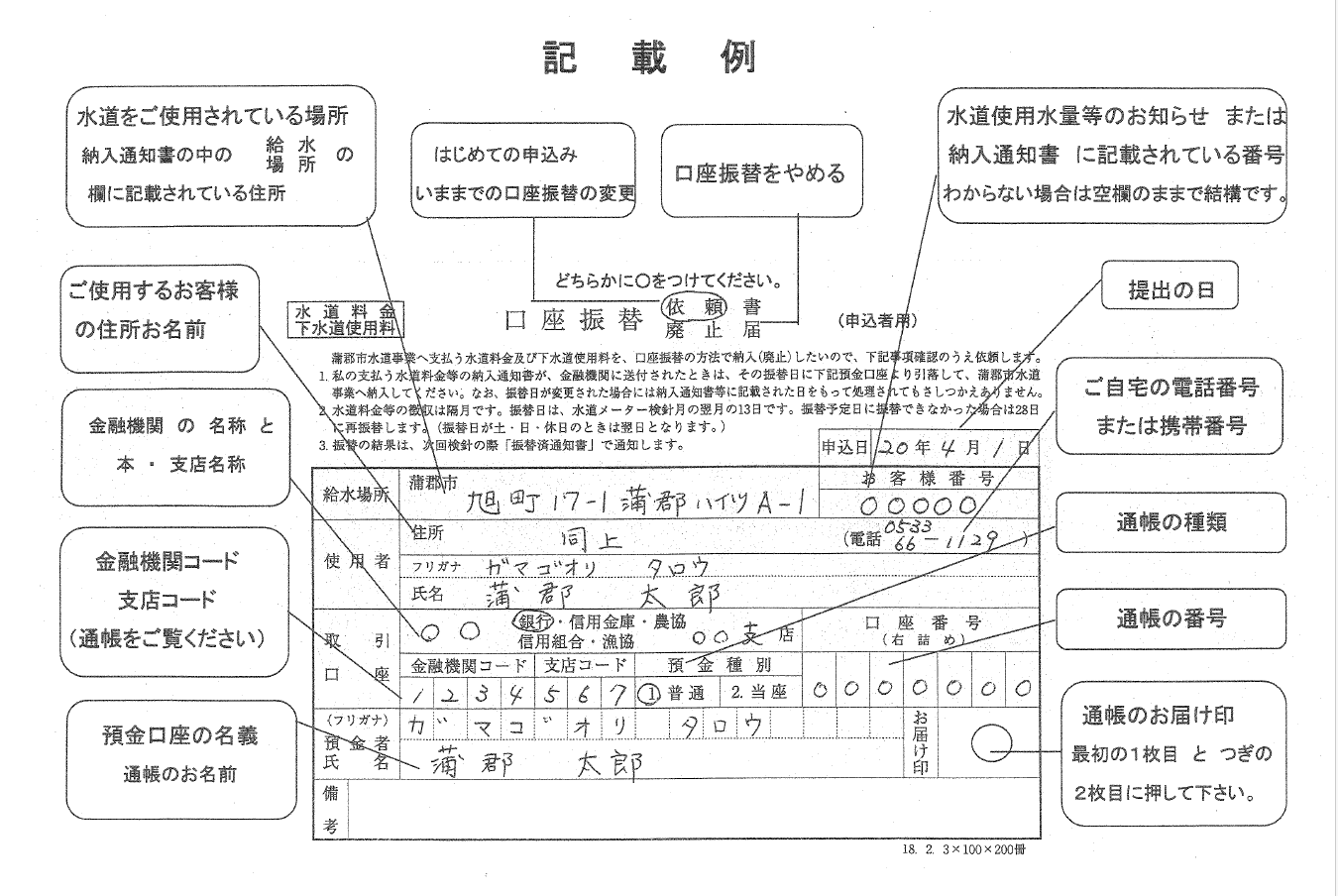 口座振替依頼書記載例