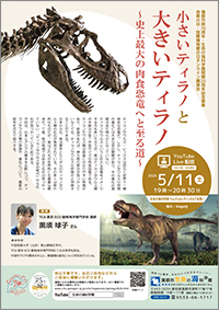 蒲郡市制70周年・生命の海科学館開館25周年記念事業　地質の日・国際博物館の日オンライン講演会「小さいティラノと大きいティラノ 〜史上最大の肉食恐竜へと至る道〜」チラシサムネイル画像