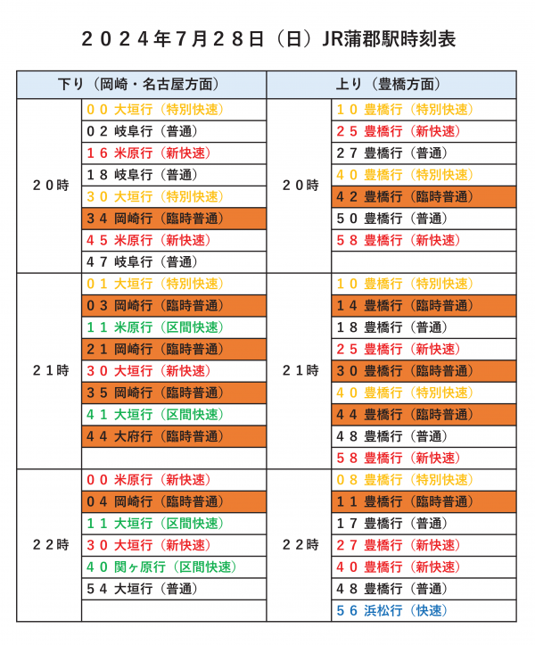 JR蒲郡駅臨時列車時刻表