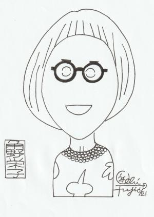このイラストは内藤勲さんが描いた角野栄子さんの似顔絵です。