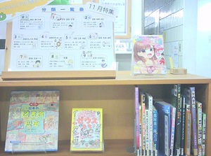 この写真は、１１月児童室特集「みんなはどの分類がすき？
」の様子です