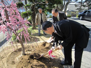 記念植樹で土をかけている様子